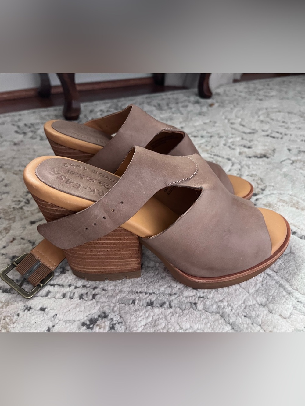 Kork-Ease Linden Taupe Open-Side Leather Block Heel Mules